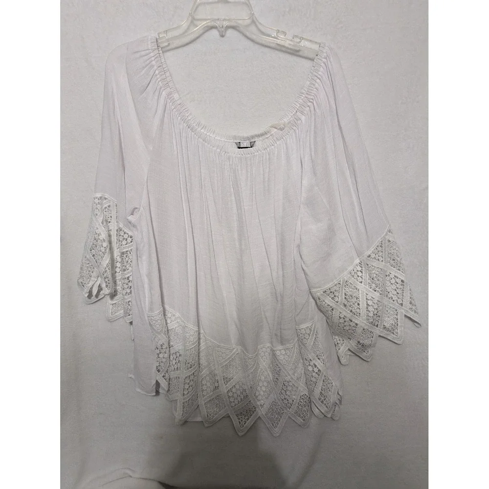 Unique Spectrum Womens White Boho Lace Trim Off Shoulder Peasant Blouse Top 3X